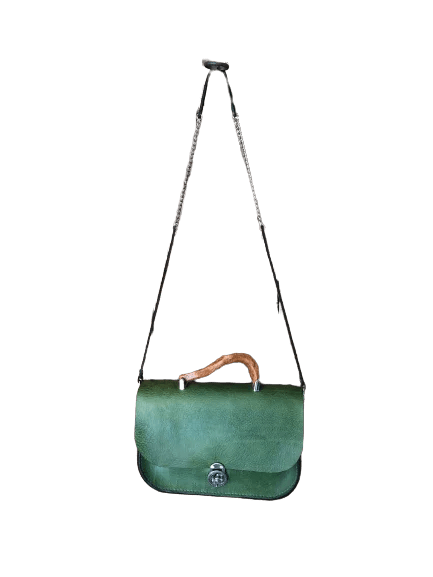 Borsa Ginevra Verde – Pelle Toscana 3 mm con Manico in Radice di Mangrovia- Di Caudo