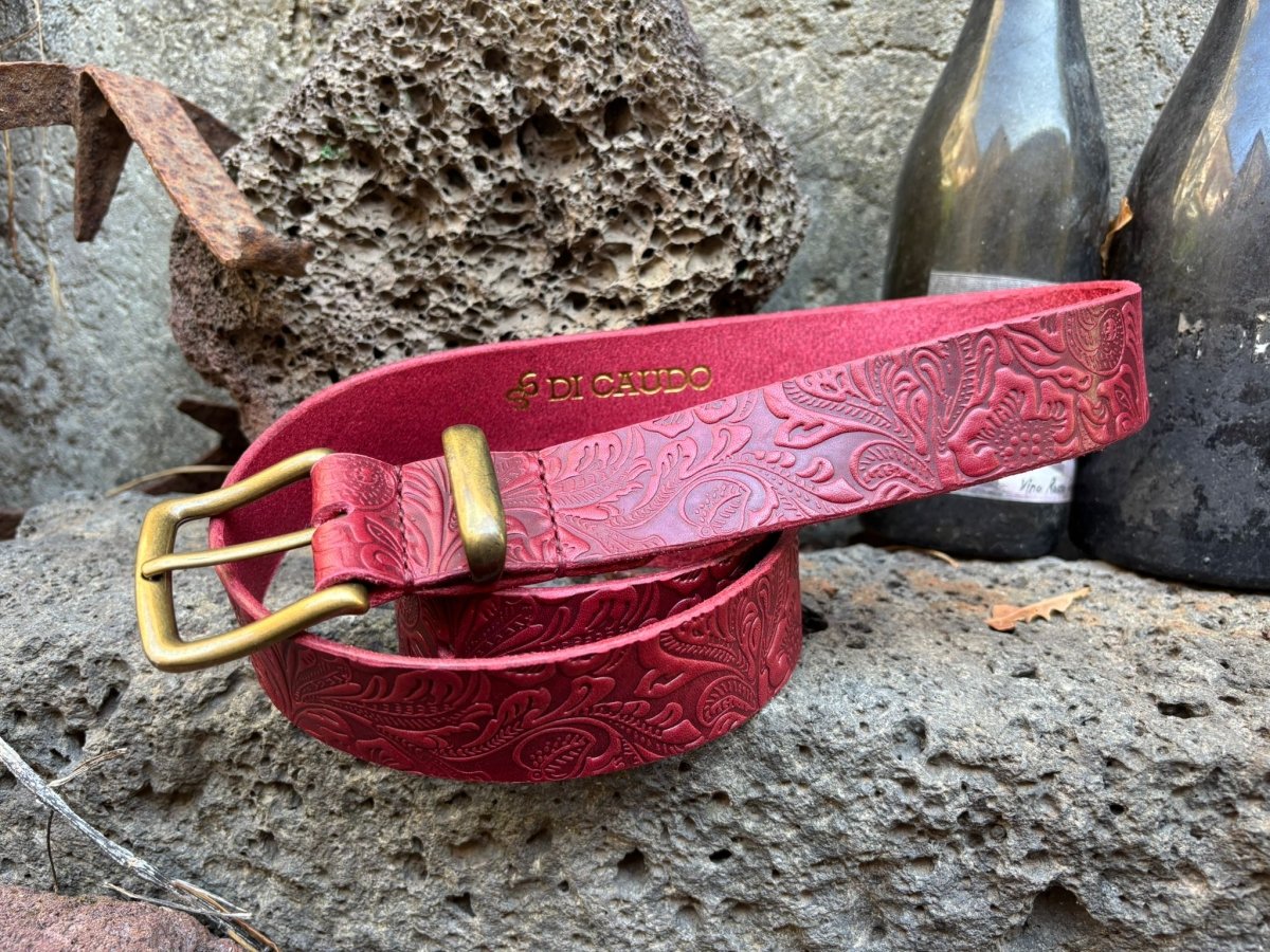 Cintura in Cuoio Rosso con Stampa Floreale in Rilievo – Concia Vegetale Artigianale - Di Caudo