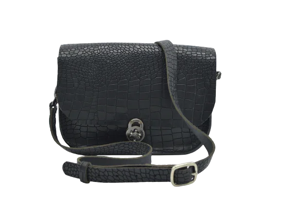 Borsa Lucrezia in Pelle di Bovino Nera con Stampa Cocco – Artigianale Made in Italy - Di Caudo