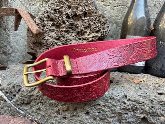 Cintura in Cuoio Rosso con Stampa Floreale in Rilievo – Concia Vegetale Artigianale - Di Caudo